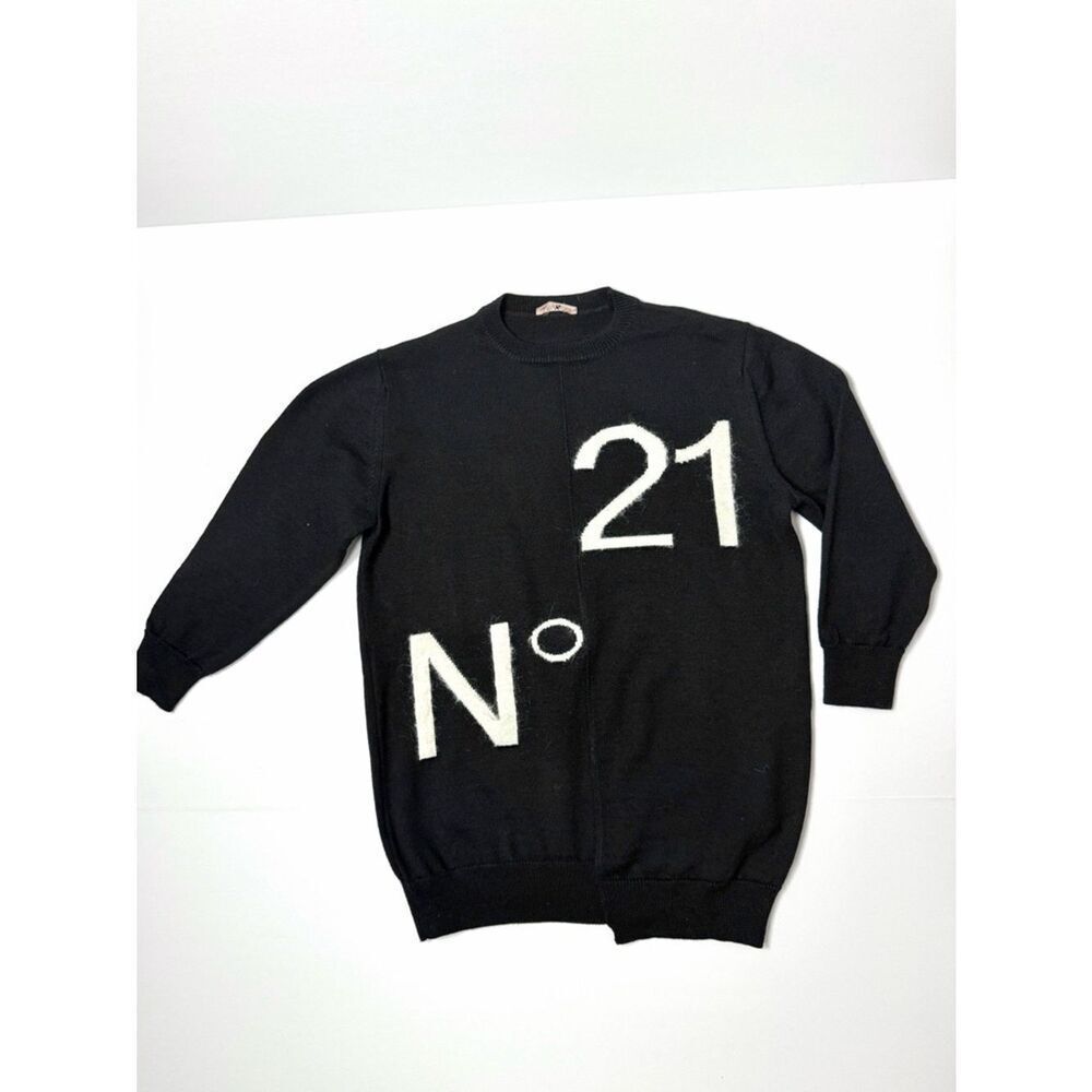 N°21 Kids Black Logo Sweater Dress Tunic Wool Blend Intarsia Relaxed Size 6 year
